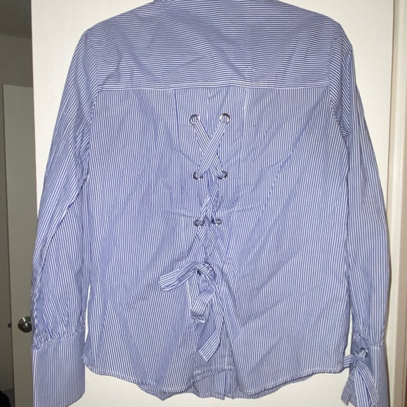 Blue and White Striped Button Up Blouse - Picture 2 of 2